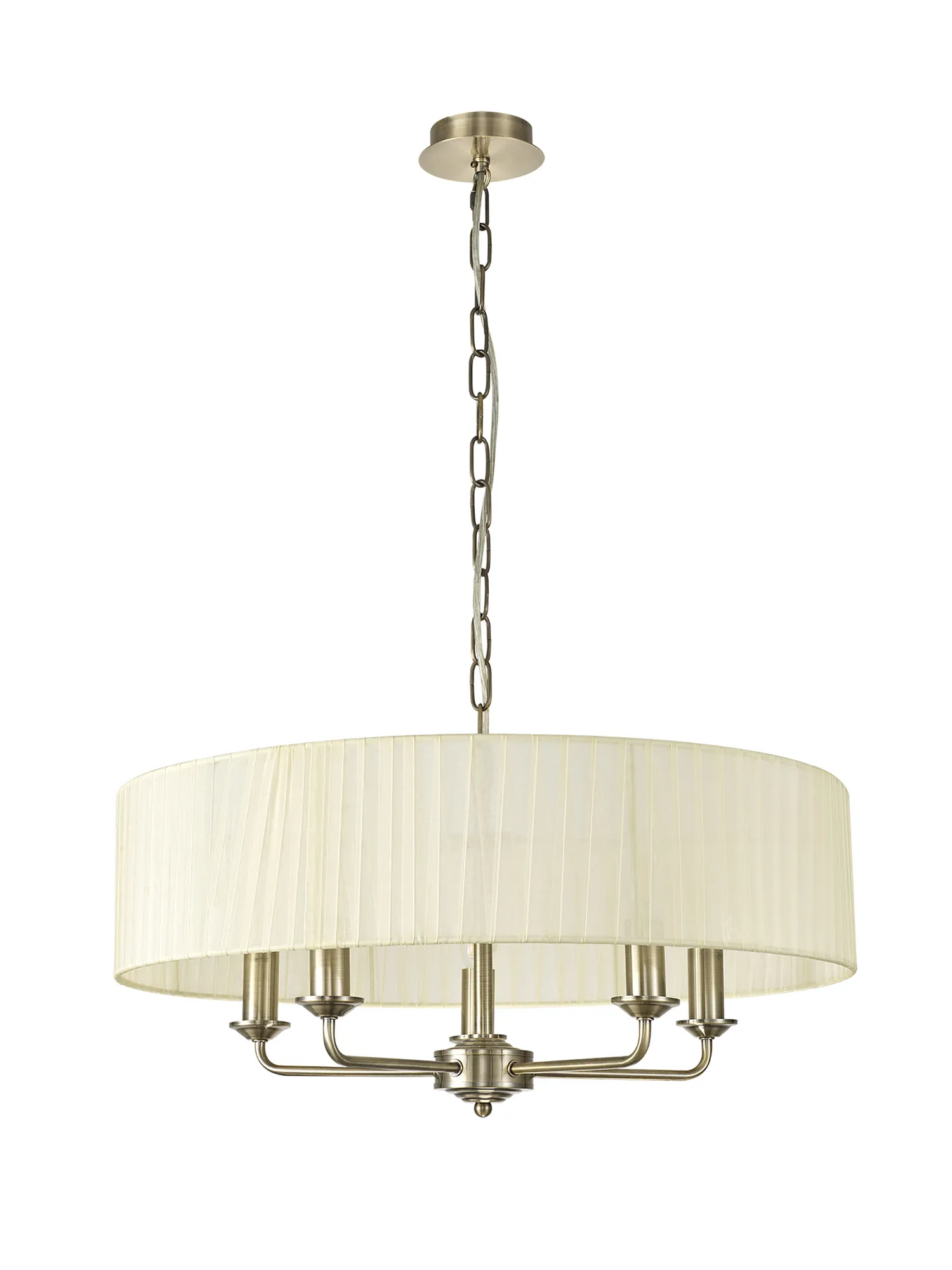 Banyan 5 Light Multi Arm Pendant With 60cm x 15cm Organza Shade Antique Brass/Cream DK0866  Deco Banyan AB CR